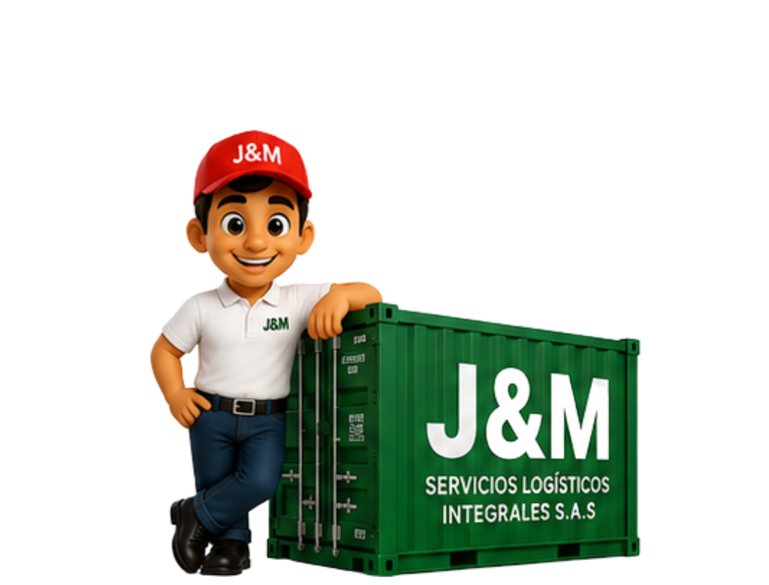 Mascota J&M junto a contenedor de la marca